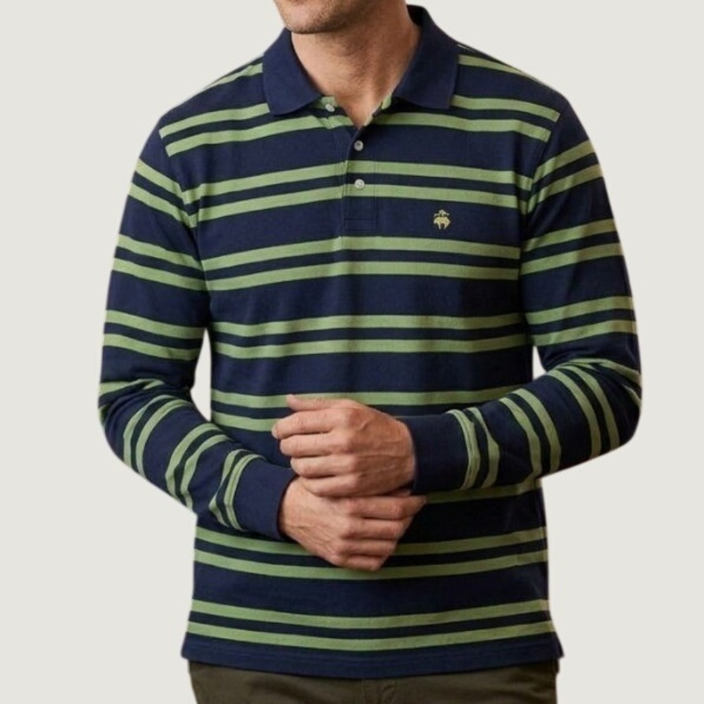 Brooks Brothers 346 Mens Large Long Sleeve Striped Polo Shirt Navy Blue Green
